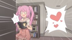  !? blush book bookshelf commentary cowboy_shot emphasis_lines female female_orgasm frilled_shirt frills hands_up heart holding holding_book indoors long_hair miniskirt o_o open_book open_mouth orgasm original pink_hair pink_skirt pleated_skirt rita_(rune_(dualhart)) rune_(dualhart) school_uniform shirt shirt_tucked_in short_sleeves sidelocks skirt solo speech_bubble spoken_heart spoken_interrobang standing surprised two_side_up wavy_mouth white_eyes white_shirt wide-eyed 