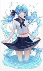  bib_(bibboss39) black_neckerchief black_ribbon black_sailor_collar black_skirt blue_eyes blue_hair blush bottle_miku breasts closed_mouth commentary cowboy_shot crop_top crop_top_overhang cropped_legs dot_nose facing_viewer female fish goldfish hair_ribbon hatsune_miku highres liquid_hair md5_mismatch midriff navel neckerchief pleated_skirt ribbon sailor_collar school_uniform see-through see-through_silhouette serafuku short_sleeves sidelocks simple_background skirt skirt_hold small_breasts smile solo striped striped_ribbon thighs twintails two-tone_ribbon vocaloid wading water water_drop wet wet_clothes white_background 