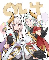  2boys 2girls ? absurdres alternate_costume ancient_greek_clothes balloon black_gloves bow braid breasts brooch cape chibi chiton claude_von_riegan confused crown_braid dimitri_alexandre_blaiddyd edelgard_von_hresvelg envelope fire_emblem fire_emblem:_three_houses flame_print flat_chest gloves greco-roman_clothes hair_ornament hair_ribbon hairclip highres horns jewelry letter long_hair looking_at_viewer lysithea_von_ordelia matching_outfits medium_breasts multiple_boys multiple_girls pink_eyes purple_cape purple_eyes red_cape ribbon saiykik signature single_horn wax_seal white_background white_hair 