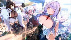  3girls azur_lane black_hair breasts floating_hair fur_trim hair_ornament hairband harbin_(azur_lane) high_ponytail holding holding_polearm holding_weapon horns large_breasts loading_screen long_hair looking_at_viewer milin_(orange_maru) multiple_girls official_art outdoors pink_hair plymouth_(azur_lane) polearm ponytail prinz_rupprecht_(azur_lane) purple_eyes purple_hair sideboob standing thighhighs thighs weapon yellow_eyes zettai_ryouiki 