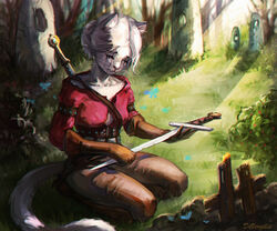  2020 6:5 alternate_species anthro bodily_fluids bottomwear breasts cirilla_fiona_elen_riannon closed_eyes clothing devergilia domestic_cat felid feline felis female flower fur furrification gloves grass hair handwear holding_melee_weapon holding_object holding_sword holding_weapon mammal melee_weapon outside pants plant rock sad shirt short_hair sitting solo sword tears the_witcher topwear weapon white_body white_fur white_hair 