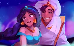  1boy :d aladdin_(character) aladdin_(disney) arabian_clothes bare_shoulders benzbt black_hair blue_shirt breasts brown_eyes cleavage commentary dark-skinned_female dark-skinned_male dark_skin diadem earrings english_commentary female grin hat highres jasmine_(disney) jewelry lips long_hair medium_breasts midriff necklace night night_sky off-shoulder_shirt off_shoulder open_mouth outdoors shirt sky smile teeth upper_body 