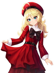  absurdres ahoge belt blonde_hair blue_eyes blush bow commentary_request dress female hair_between_eyes hat highres long_hair looking_at_viewer messy_hair red_dress ryon_y0421 simple_background skirt_hold smile solo tanya_degurechaff white_background youjo_senki 