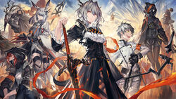  4boys 4girls animal_ears arknights bad_id bad_twitter_id crossbow crownslayer_(arknights) dagger demon_boy demon_girl demon_horns dragon_girl dragon_horns dragon_tail faust_(arknights) fingerless_gloves frostnova_(arknights) gas_mask gloves grenade_launcher gun highres holding holding_gun holding_sword holding_weapon hood horns knife mask mephisto_(arknights) mouth_mask multiple_boys multiple_girls noy patriot_(arknights) polearm rabbit_ears rabbit_girl reunion_logo_(arknights) scar scar_on_face scar_on_nose skullshatterer_(arknights) spear staff sword tactical_clothes tail talulah_(arknights) w_(arknights) weapon wolf_girl 