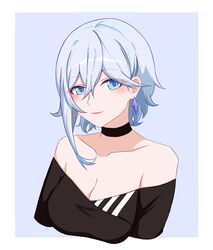  alternate_hairstyle bare_shoulders black_choker black_shirt blue_background blue_eyes border breasts cecilia_schariac choker cleavage closed_mouth earrings female honkai_(series) honkai_impact_3rd jewelry jin_li_(107194530) lips lipstick looking_at_viewer makeup medium_hair off-shoulder_shirt off_shoulder shirt single_earring smile solo upper_body white_border white_hair white_legwear 