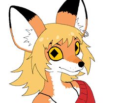  anthro black_eyebrows black_nose blonde_hair bra_straps canid canine cerebropodrido clothing colored diamond_pupils dipstick_ears ear_markings ear_piercing ear_ring eyebrows female fox fur hair inner_ear_fluff looking_at_viewer mammal mouth_closed multicolored_ears orange_body orange_fur piercing pupils ring_piercing shirt simple_background solo topwear tuft unusual_pupils white_body white_fur yellow_sclera 