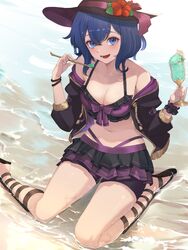  :d absurdres alternate_costume alternate_eye_color beach bikini bikini_skirt black_bikini blue_eyes blue_hair blush breasts cleavage coat collarbone commission cup eating female fire_emblem fire_emblem_awakening flower food front-tie_bikini_top front-tie_top gladiator_sandals hat hibiscus highres holding holding_cup ice_cream kneeling layered_bikini looking_at_viewer medium_breasts morgan_(female)_(fire_emblem) morgan_(fire_emblem) navel ocean open_mouth purple_bikini ritence sandals short_hair smile solo spoon sun_hat swimsuit two-tone_bikini wet 