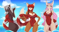  5_fingers absurd_res anthro ass backless_swimsuit big_breasts bindy_the_cat blue_eyes blue_nose breasts brown_body brown_fur brown_nose canid canine canis cleavage clothed clothing cloud countershade_crotch countershade_face countershade_legs countershade_neck countershade_thighs countershade_torso countershading day domestic_cat domestic_dog ear_tuft english_text equid equine error032 eyebrow_through_hair eyebrows eyelashes facial_tuft fangs felid feline felis female fingers flotation_device fluffy fluffy_tail fox fur gaby_(theshadydoodles) grey_eyes grey_hair group hair hand_on_hip hands_behind_back hi_res highleg_one-piece_swimsuit highleg_swimsuit horse husky hybrid inner_ear_fluff life_ring lifeguard lifeguard_swimsuit long_hair looking_at_viewer mammal navel_outline nordic_sled_dog one-piece_swimsuit orange_eyes outside partially_submerged pink_hair red_hair red_one-piece_swimsuit sea sky smile solstice_dewinter spitz standing swim_ring swimwear tail teeth text thick_thighs translucent translucent_hair trio tuft water 