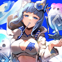  animal_ears bikini blue_eyes blue_hair breasts cleavage_cutout clothing_cutout commentary_request female fire_emblem fire_emblem_heroes floating_hat flower food hair_flower hair_ornament highres jacket lens_flare long_sleeves looking_at_viewer nakabayashi_zun nifl_(fire_emblem) nifl_(summer)_(fire_emblem) official_alternate_costume shaved_ice short_hair solo swimsuit upper_body utensil_in_mouth white_bikini 