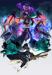  5girls arm_up bare_shoulders bekkomi black_hair blonde_hair breasts brown_hair cleavage commission creature dark-skinned_female dark_skin dawnbringer_soraka dragon_sorceress_zyra dreadlocks dress from_side ghoul gun hair_ornament hand_up highres holding holding_staff holding_weapon horns large_breasts league_of_legends long_hair looking_at_viewer magic majestic_empress_morgana morgana_(league_of_legends) multiple_girls nami_(league_of_legends) official_alternate_costume ponytail profile senna_(league_of_legends) smile soraka_(league_of_legends) splendid_staff_nami staff water weapon wings zyra 