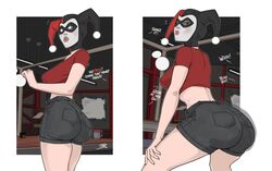  1girls 2d ass batman_(series) big_ass blender_(software) booty_shorts bubble_ass bubble_butt dc dc_comics dialogue female female_only fully_clothed harley_quinn harley_quinn_(classic) heart henchmen jean_shorts kissy_face large_ass large_breasts looking_back offscreen_character pawg showing_off showing_off_ass smitty34 solo supervillainess text theweirdibi thick_thighs twerking underling villainess 