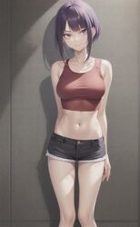  ai_generated aidude alternate_breast_size crop_top kyoka_jiro large_breasts micro_shorts my_hero_academia prostitute prostitution red_shirt short_shorts shorts slutty_clothing slutty_outfit smile top topwear 