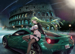  absurdres alternate_costume azur_lane boots breasts car character_name colosseum commentary copyright_name country_connection female ferrari ferrari_488 gloves green_hair headset highres italy jacket kcar66t lamppost large_breasts license_plate littorio_(azur_lane) long_hair looking_at_viewer miniskirt motor_vehicle night outdoors partially_fingerless_gloves product_placement race_queen real_world_location rome_(city) skirt solo sports_car thighhighs underboob 