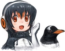  :d animal bird black_hair commentary_request creature_and_personification drawstring female gentoo_penguin gentoo_penguin_(kemono_friends) hair_between_eyes hand_up headphones highres kemono_friends long_hair looking_at_viewer multicolored_hair open_mouth orange_hair oyu_udon penguin red_eyes simple_background smile two-tone_hair white_background zipper_pull_tab 