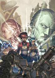  1boy 3girls aircraft arcane:_league_of_legends arcane_jinx arcane_vi asymmetrical_bangs bare_shoulders belt black_sclera braid breasts brown_shirt closed_mouth cloud_tattoo colored_sclera commentary_request crop_top cropped_jacket dirigible dreadlocks earrings gauntlets hair_slicked_back hatiue_(hachi) heterochromia jacket jewelry jinx_(league_of_legends) league_of_legends long_hair medium_breasts mel_medarda multiple_girls navel open_clothes open_jacket pants profile red_hair red_jacket shirt short_hair silco_(arcane) stomach striped_clothes striped_pants twin_braids vi_(league_of_legends) weapon white_shirt 