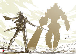  1boy cape cloud cloudy_sky dust fighting_stance gaius_(shadow_of_the_colossus) giant harymachinegun holding holding_sword holding_weapon monochrome muted_color photoshop_(medium) scabbard shadow_of_the_colossus sheath size_difference sky sparkle standing sword walking wander_(shadow_of_the_colossus) weapon 