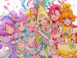  6+girls :d agnete_(precure) ahoge aqua_hair blonde_hair blush choker commentary_request cure_coral cure_flamingo cure_la_mer cure_oasis cure_papaya cure_summer dress earrings everyone eyelashes fingerless_gloves fpminnie1 gloves gradient_hair green_eyes green_wrist_cuffs hair_ornament happy highres ichinose_minori jewelry laura_la_mer long_hair looking_at_viewer magical_girl midriff multicolored_hair multiple_girls natsuumi_manatsu navel one_eye_closed open_mouth orange_hair pink_hair precure purple_dress purple_hair red_hair shirt skirt smile standing suzumura_sango takizawa_asuka tropical-rouge!_precure two-tone_hair v white_choker white_gloves yellow_choker 