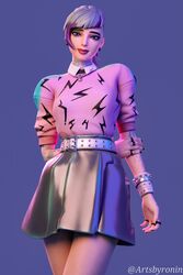  1girls 3d armwear artsbyronin blender blue_eyes bottomwear clothed clothing ear_piercing earrings epic_games female female_only fortnite light-skinned_female light_skin looking_at_viewer looking_down multicolored_hair piercing piercings pose posing shirt simple_background skirt solo solo_focus standing stryder_(fortnite) tattoo tattooed_arm tattoos topwear two_tone_hair twyn_(fortnite) watermark 