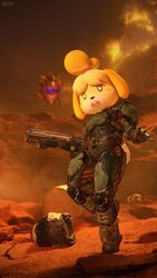  2020 3d_(artwork) 4k 9:16 absurd_res animal_crossing anthro armor bone cacodemon canid canine canis clothing cosplay demon digital_media_(artwork) domestic_dog doom_(series) duo female gun headgear helmet hi_res id_software isabelle_(animal_crossing) mammal mars microsoft nintendo open_mouth owo_sfm ranged_weapon sharp_teeth shotgun skull source_filmmaker_(artwork) teeth thick_thighs weapon 