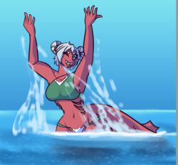  anthro bikini bikini_bottom bikini_top bottomwear breasts clothed clothing digital_drawing_(artwork) digital_media_(artwork) female fish hair hi_res humanoid marine marshbreeze outside shark simple_background single_strap single_strap_bikini_top single_strap_clothing single_strap_swimwear sky smile solo splash swimwear tail water 