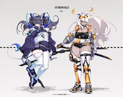  2girls black_hair blue_eyes breasts cleavage dark_skin eyepatch gloves hoodie horns ierotak katana long_hair orange_eyes original shorts sunglasses sword thighhighs torn_clothes twintails weapon white_hair zettai_ryouiki 