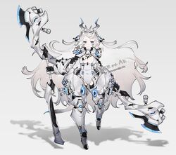  blue_eyes breasts cleavage dual_wielding fangs female gauntlets hair_ornament halberd highres holding holding_weapon horns ierotak leotard long_hair mechanical_parts original polearm simple_background solo watermark weapon white_hair white_leotard 