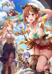  2boys 3girls alt_(ctrldel) arch atelier_(series) atelier_ryza atelier_ryza_2 bare_shoulders belt black_gloves blonde_hair blue_eyes blue_hair braid breasts brown_eyes brown_hair cape cleavage closed_mouth cloud collarbone dress eating fi_(atelier) fingerless_gloves front_slit glasses gloves goggles goggles_on_eyes green_eyes hair_ornament hairband hand_to_forehead hat highres holding holding_staff holding_weapon jewelry key key_necklace klaudia_valentz large_breasts lent_marslink long_hair looking_at_viewer monster multiple_boys multiple_girls necklace on_one_knee open_mouth outdoors pantyhose patricia_abelheim purple_dress red_hair red_shorts reisalin_stout ribbon robe rock salute short_hair short_shorts shorts single_thighhigh skindentation sky smile staff sunlight sword tao_mongarten thighhighs thighs twintails weapon white_headwear white_robe 