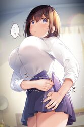  ? blue_eyes blue_skirt blurry blurry_background blush breasts brown_hair closed_mouth collared_shirt commentary_request crossed_bangs curtains female hair_ornament hawawa-chan_(shiro_kuma_shake) highres large_breasts lens_flare original pleated_skirt school_uniform shiro_kuma_shake shirt shirt_tucked_in skirt solo standing thighs thought_bubble v-shaped_eyebrows white_shirt window zipping 