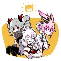  3girls animal_ears bare_shoulders black_legwear bronya_zaychik bronya_zaychik_(black_nucleus) closed_eyes closed_mouth crossed_arms draft_(caogao) drill_hair fox_ears grey_hair honkai_(series) honkai_impact_3rd looking_at_viewer multiple_girls pink_hair purple_eyes red_eyes simple_background theresa_apocalypse theresa_apocalypse_(celestial_hymn) thighhighs twin_drills white_background white_hair yae_sakura yae_sakura_(flame_sakitama) 