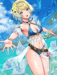  armpits bikini blonde_hair blue_bikini blue_eyes bracelet breasts cleavage criss-cross_halter female fire_emblem fire_emblem_heroes fjorm_(fire_emblem) fjorm_(summer)_(fire_emblem) flower hair_flower hair_ornament halterneck highres jewelry looking_at_viewer medium_breasts navel official_alternate_costume smile snow20200 solo swimsuit 