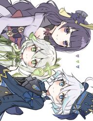  3girls ahoge ascot bare_shoulders black_ascot blue_bow blue_eyes blue_hair blue_hat blue_jacket blue_pupils blunt_bangs blush bow breasts cleavage commentary dress drop-shaped_pupils furina_(genshin_impact) genshin_impact gold_trim gradient_hair green_eyes green_hair hair_between_eyes hair_ornament hat hat_bow heart heterochromia highres intoru_4 jacket japanese_clothes kimono leaf_hair_ornament light_blue_hair long_hair looking_at_viewer medium_breasts multicolored_hair multiple_girls nahida_(genshin_impact) obi ouji_fashion purple_hair purple_kimono raiden_shogun red_sash sash side_ponytail sleeveless sleeveless_dress smile streaked_hair symbol-shaped_pupils upper_body very_long_hair white_dress white_hair 