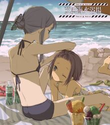  2girls adjusting_another&#039;s_hair artist_name asakusa_midori beach beach_towel beach_umbrella bikini black_shorts blue_eyes commentary eizouken_ni_wa_te_wo_dasu_na! flip-flops floral_print food freckles glasses hair_bun highres kanamori_sayaka multiple_girls one_eye_closed otukimomo sand_castle sand_sculpture sandals shaved_ice short_hair shorts sidelocks single_hair_bun string_bikini stuffed_animal stuffed_rabbit stuffed_toy swimsuit towel umbrella under_umbrella 