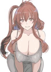  absurdres alternate_costume breasts brown_hair cleavage cowboy_shot dress female grey_dress grey_eyes hair_between_eyes high_side_ponytail highres kantai_collection ken_(shutenndouji1) large_breasts leaning_forward long_hair saratoga_(kancolle) side_ponytail simple_background smile solo white_background 