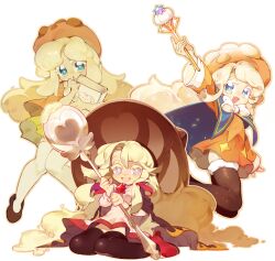  3girls absurdres blonde_hair blue_eyes bow bowtie cape chou_ji_yun commentary cookie_run cookie_run:_kingdom cookie_run:_ovenbreak cream_puff_cookie cream_puff_cookie_(dark_magic_hat) dress full_body hat highres holding holding_spoon holding_wand humanization long_hair looking_at_viewer magical_girl multiple_girls multiple_persona official_alternate_costume open_mouth oversized_object simple_background sitting smile spoon symbol-only_commentary thighhighs variant_set very_long_hair wand white_background witch witch_hat zettai_ryouiki 