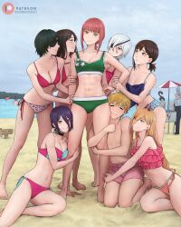  2boys 6+girls :3 =_= abs absurdres apron arm_grab artist_name beach beach_umbrella bikini binoculars black_apron black_choker black_hair black_pants blonde_hair blue_bikini braid breasts brown_eyes brown_hair chainsaw chainsaw_man chef_hat cherry_print choker cleavage creature cross-shaped_pupils day demon_girl demon_horns denji_(chainsaw_man) dismaiden eating eyepatch falling_devil_(chainsaw_man) food food_print food_stand green_bikini grenade_pin grey_eyes hair_ornament hairclip harem hat hayakawa_aki higashiyama_kobeni highres himeno_(chainsaw_man) holding holding_food holding_ice_cream horns ice_cream kneeling large_breasts leg_grab light_blush long_hair makima_(chainsaw_man) male_swimwear medium_breasts meme mixed_harem mole mole_under_eye mole_under_mouth multiple_boys multiple_girls navel ocean orange_eyes outdoors overcast pants patreon_logo patreon_username photo-referenced pingtsi_(chainsaw_man) pink_bikini pochita_(chainsaw_man) power_(chainsaw_man) quanxi_(chainsaw_man) red_hair red_horns reze_(chainsaw_man) ringed_eyes sand santa_claus_(chainsaw_man) short_hair short_ponytail side-tie_bikini_bottom sidelocks single_braid sky standing star_(symbol) star_print sweat swim_trunks swimsuit symbol-shaped_pupils toned_female two-tone_bikini umbrella waist_apron white_hair 