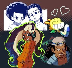  2024 4boys absurdres afro ass black_hair black_history_month breasts commentary dark-skinned_female dark-skinned_male dark_skin darwin_watterson dreadlocks english_commentary female furrowed_brow grin hands_in_pockets hat headphones heart highres huey_freeman inktaru jacket marina_(splatoon) medium_breasts mole mole_under_eye multiple_boys octoling one_piece orange_jacket orange_pants pants riley_freeman signature smile splatoon_(series) splatoon_2 tentacle_hair the_amazing_world_of_gumball the_boondocks usopp 