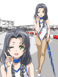  black_hair blue_choker braid brown_pantyhose choker clothes_writing day female full_body green_eyes hal-py high_school_fleet highleg highleg_leotard index_finger_raised kaburagi_minami leotard multiple_views one_eye_closed outdoors pantyhose parted_bangs planted planted_umbrella race_queen racetrack smile twin_braids umbrella upper_body white_footwear white_leotard 