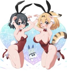  2girls animal_ear_hairband animal_ears armpit_crease arms_up black_hair blonde_hair blue_eyes blush bow bowtie breasts brown_eyes detached_collar fake_animal_ears fake_tail fur_anklet hair_between_eyes hairband heart heart_background high_heels highleg highleg_leotard highres jumping kaban_(kemono_friends) kemono_friends large_breasts leotard looking_at_viewer lucky_beast_(kemono_friends) multiple_girls oerba_yun_fang one_eye_closed open_mouth playboy_bunny rabbit_ear_hairband rabbit_ears rabbit_pose rabbit_tail ransusan red_bow red_bowtie red_footwear red_leotard serval_(kemono_friends) shoes short_hair small_breasts strapless strapless_leotard tail wide_hips wrist_cuffs 