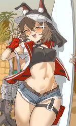  :d absurdres animal_ears arknights bag belt belt_buckle black_shirt blush brown_belt brown_eyes brown_hair buckle caper_(arknights) caper_(summer_flowers)_(arknights) cowboy_shot crop_top cropped_shirt crossed_bangs denim denim_shorts female fingerless_gloves glasses glint gloves grey_shorts groin hand_up highres holding holding_surfboard jacket mole mole_on_thigh navel official_alternate_costume ok_sign open_mouth putcho red_gloves red_jacket shirt short_hair short_shorts shorts sleeveless sleeveless_shirt smile solo standing stomach surfboard thigh_strap visor_cap 