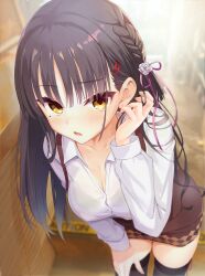  adjusting_hair black_bra black_hair black_thighhighs blurry blurry_background blush bra bra_visible_through_clothes braid breasts brown_skirt cafe_stella_to_shinigami_no_chou cleavage collarbone collared_shirt commentary cowboy_shot depth_of_field doruzou18 dress_shirt earrings eyelashes eyes_visible_through_hair female fingernails flower foreshortening frown hair_behind_ear hair_between_eyes hair_flower hair_ornament hair_over_shoulder hair_ribbon hairclip hand_on_own_thigh hand_up highres indoors jewelry long_hair looking_at_viewer medium_breasts mole mole_under_eye open_mouth pencil_skirt pink_ribbon ribbon rose sanpaku shiki_natsume shirt side_braid skindentation skirt solo stairs straight_hair stud_earrings suspender_skirt suspenders sweatdrop thighhighs tsurime underwear upturned_eyes white_flower white_rose white_shirt yellow_eyes zettai_ryouiki 