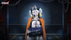  against_wall black_hair black_panties bow breasts chains character_name claw_ring colored_skin copyright_name dress female grey_lips grey_skin hairbow highres holding holding_sign indoors jacket jacket_on_shoulders lamia_(path_to_nowhere) logo long_hair looking_at_viewer medium_breasts mugshot multicolored_hair official_art official_wallpaper orange_jacket panties parted_lips path_to_nowhere prison_cell prison_clothes showgirl_skirt sign solo streaked_hair underwear upper_body white_bow white_dress white_eyes white_hair 