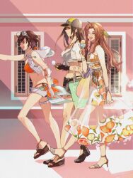  3girls aerith_gainsborough aerith_gainsborough_(citric_dress) baseball_cap bikini bikini_under_clothes bikini_under_shorts black_bikini black_hair bombyxmori_ckr brown_hair final_fantasy final_fantasy_vii final_fantasy_vii_ever_crisis food frayed_skirt fruit_print goggles goggles_on_head hat high_heels highres hood hoodie ice_cream ice_cream_cone long_hair long_skirt low-tied_long_hair multiple_girls official_alternate_costume orange_bikini sandals see-through see-through_shirt see-through_skirt shirt short_shorts shorts skirt sleeveless sleeveless_hoodie swimsuit tied_shirt tifa_lockhart tifa_lockhart_(lifeguard) two-tone_headwear walking yuffie_kisaragi yuffie_kisaragi_(summer_moogle) 