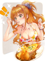  ! bad_id bad_twitter_id bikini blue_bow blush bow bracelet breasts brown_hair cleavage curry curry_rice eating egg_(food) female floral_print floral_print_bikini food green_eyes hairbow halterneck hino_akane_(idolmaster) holding holding_spoon idolmaster idolmaster_cinderella_girls jewelry long_hair medium_breasts omisoshiru plate polka_dot polka_dot_bow ponytail rice seafood solo spoon sweat swimsuit white_bikini 