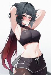  armpits arms_behind_head arms_up bare_shoulders black_hair black_pantyhose black_shirt black_shorts blush commentary crop_top female hair_intakes highres jane_doe_(zenless_zone_zero) koahri long_hair midriff navel pantyhose pantyhose_under_shorts parted_lips photoshop_(medium) presenting_armpit red_hair shirt short_shorts shorts sleeveless sleeveless_shirt solo stomach tail thighs very_long_hair zenless_zone_zero 