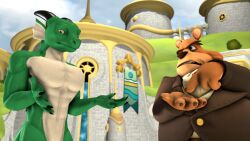  16:9 2024 2_horns 3d_(artwork) 4_fingers abs acey_(aceydrgn) aceydrgn activision anthro bear black_horn castle clothed clothed_anthro clothed_male clothing cloud countershade_torso countershading digital_media_(artwork) dragon duo ear_frill fingers frill_(anatomy) gesture green_body hi_res horn looking_at_viewer male male_anthro mammal membrane_(anatomy) membranous_frill moneybags_(spyro) muscular muscular_anthro muscular_male mythological_creature mythological_scalie mythology nude nude_anthro nude_male outside pecs scalie shrug sky source_filmmaker_(artwork) spyro_the_dragon suit tan_body tan_countershading widescreen yellow_eyes 