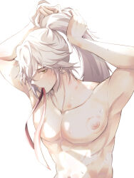  1boy bruise chinese_clothes grey_hair hair_ribbon hickey highres honkai:_star_rail honkai_(series) injury jing_yuan long_hair makaretaiyo muscular nipples nude pectorals ribbon solo yellow_eyes 