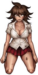  breasts brown_hair bruise collarbone d: danganronpa_(series) danganronpa_2:_goodbye_despair female grey_shirt hair_between_eyes injury large_breasts long_hair official_art oshiro_project:re owari_akane pleated_skirt red_skirt seiza shiny_skin shirt short_sleeves sitting skirt solo teeth torn_clothes torn_skirt transparent_background upper_teeth_only 