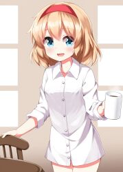  :d alice_margatroid blonde_hair blue_eyes blush buttons coffee coffee_mug collarbone collared_shirt commentary_request cowboy_shot cup dress_shirt drink female hairband highres holding holding_cup holding_drink indoors looking_at_viewer medium_hair mug no_pants open_mouth red_hairband ruu_(tksymkw) shirt sleeves_pushed_up smile solo standing steam touhou white_shirt 