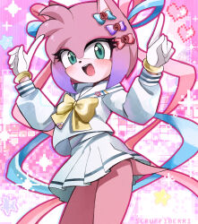  amy_rose animal_ears animal_nose aqua_eyes bow bowtie chouzetsusaikawa_tenshi-chan chouzetsusaikawa_tenshi-chan_(cosplay) cosplay cowboy_shot female furry furry_female hairbow hedgehog_ears hedgehog_girl hedgehog_tail highres looking_at_viewer needy_girl_overdose open_mouth pink_fur pink_hair quad_tails school_uniform scruffyart serafuku solo sonic_(series) standing yellow_bow yellow_bowtie 