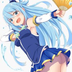  :d aqua_(konosuba) ass bare_shoulders blue_eyes blue_hair blue_shirt blue_skirt blush breasts bright_pupils commentary_request cowboy_shot detached_sleeves dou-t dutch_angle female floating_hair folding_fan hair_between_eyes hair_bobbles hair_ornament half_updo hand_fan happy highres holding holding_fan impossible_clothes kono_subarashii_sekai_ni_shukufuku_wo! leaning_forward long_hair long_sleeves looking_at_viewer medium_breasts miniskirt no_panties open_mouth outstretched_arm pleated_skirt shirt short_ponytail sidelocks simple_background skirt sleeveless sleeveless_shirt smile solo straight_hair very_long_hair water_drop white_background 